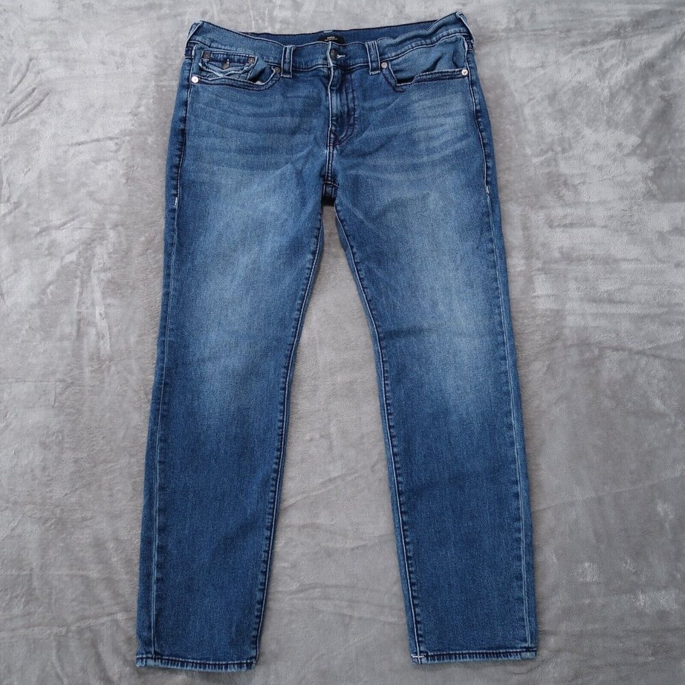 True Religion Jeans Mens 40x34 Blue Rocco Relaxed Skinny Whiskered Stretch